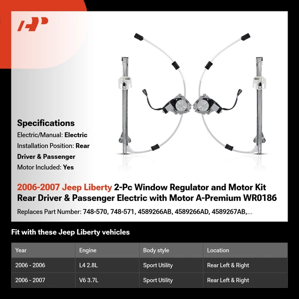 2006-2007 Jeep Liberty 2-Pc Window Regulator and Motor Kit Rear Driver & Passenger Electric with Motor A-Premium WR0186