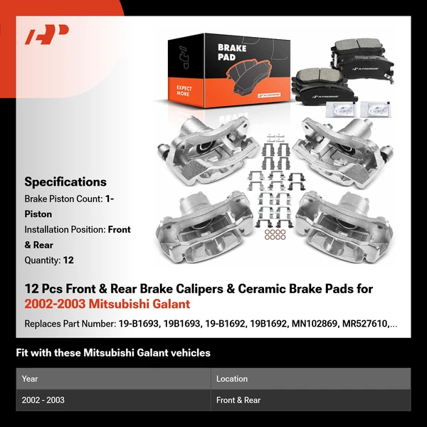 12 Pcs Front & Rear Brake Calipers & Ceramic Brake Pads for 2002-2003 Mitsubishi Galant
