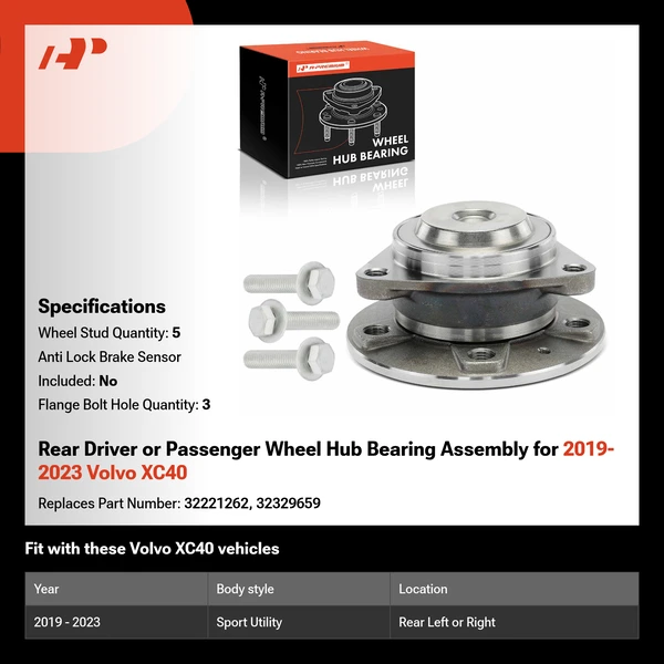 Rear Driver or Passenger Wheel Hub Bearing Assembly for 2019-2023 Volvo XC40
