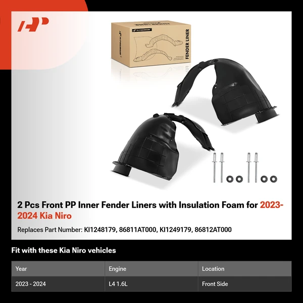 2 Pcs Front PP Inner Fender Liners with Insulation Foam for 2023-2024 Kia Niro