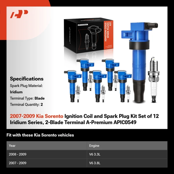 2007-2009 Kia Sorento Ignition Coil and Spark Plug Kit Set of 12 Iridium Series, 2-Blade Terminal A-Premium APIC0549