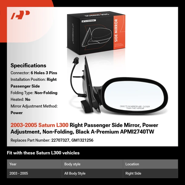2003-2005 Saturn L300 Right Passenger Side Mirror, Power Adjustment, Non-Folding, Black A-Premium APMI2740TW