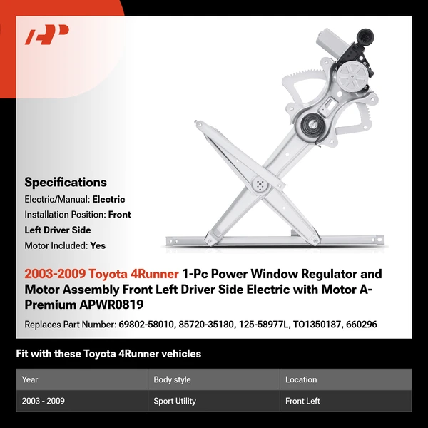 2003-2009 Toyota 4Runner 1-Pc Power Window Regulator and Motor Assembly Front Left Driver Side Electric with Motor A-Premium APWR0819