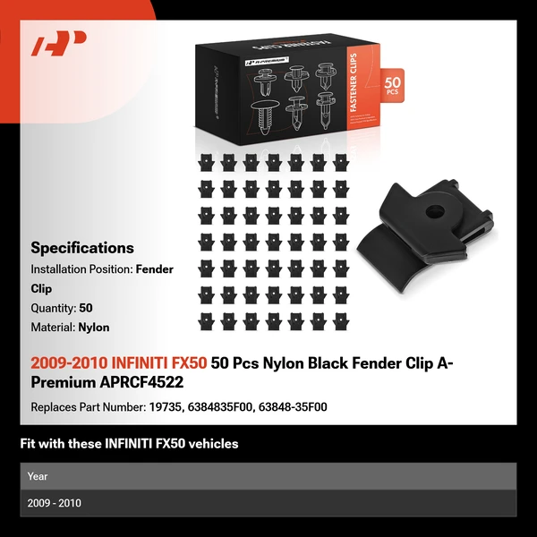 2009-2010 INFINITI FX50 50 Pcs Nylon Black Fender Clip A-Premium APRCF4522