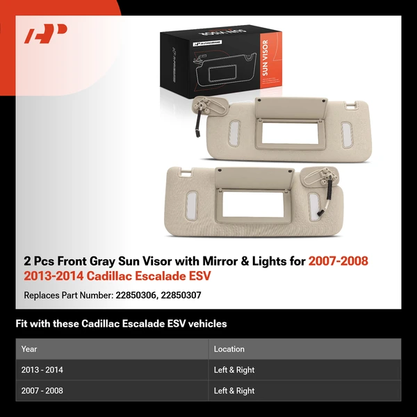 2 Pcs Front Gray Sun Visor with Mirror & Lights for 2007-2008 2013-2014 Cadillac Escalade ESV
