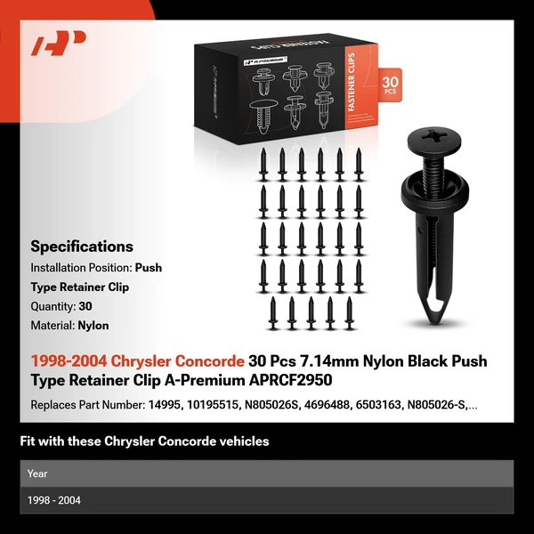1998-2004 Chrysler Concorde 30 Pcs 7.14mm Nylon Black Push Type Retainer Clip A-Premium APRCF2950