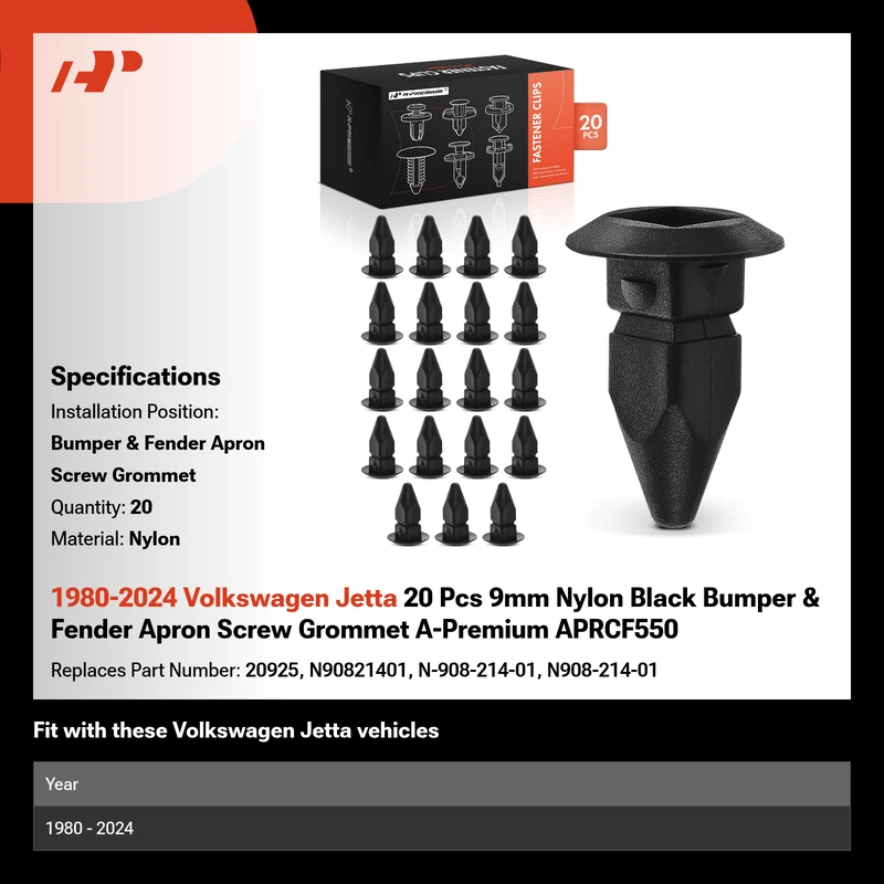 1980-2024 Volkswagen Jetta 20 Pcs 9mm Nylon Black Bumper & Fender Apron Screw Grommet A-Premium APRCF550
