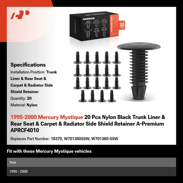 1995-2000 Mercury Mystique 20 Pcs Nylon Black Trunk Liner & Rear Seat & Carpet
 & Radiator Side Shield Retainer A-Premium APRCF4010