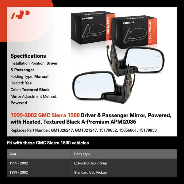 1999-2002 GMC Sierra 1500 Driver & Passenger Mirror, Powered, with Heated, Textured Black A-Premium APMI2036
