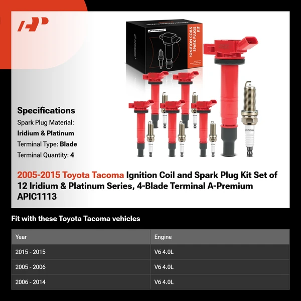 2005-2015 Toyota Tacoma Ignition Coil and Spark Plug Kit Set of 12 Iridium & Platinum Series, 4-Blade Terminal A-Premium APIC1113