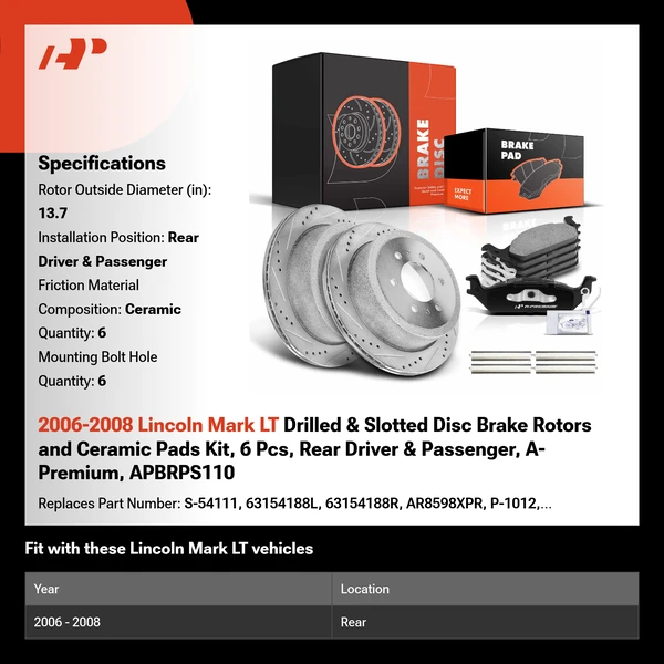 2006-2008 Lincoln Mark LT Drilled & Slotted Disc Brake Rotors and Ceramic Pads Kit, 6 Pcs, Rear Driver & Passenger, A-Premium, APBRPS110
