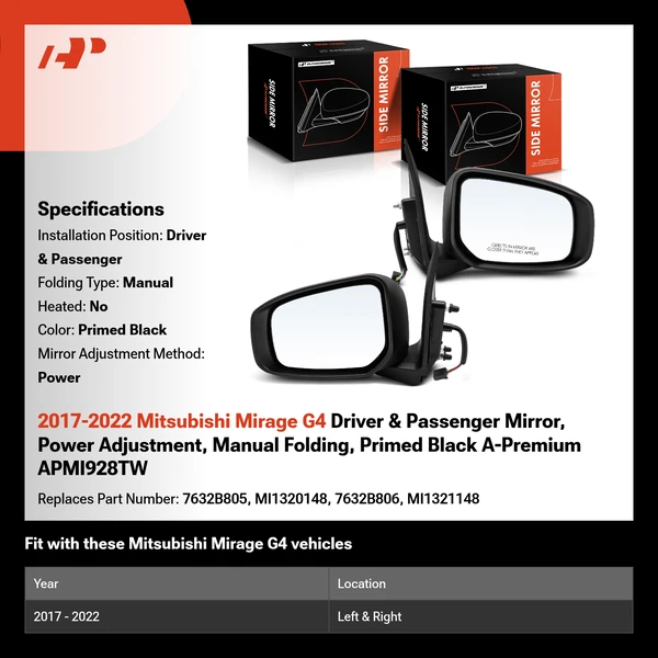 2017-2022 Mitsubishi Mirage G4 Driver & Passenger Mirror, Power Adjustment, Manual Folding, Primed Black A-Premium APMI928TW