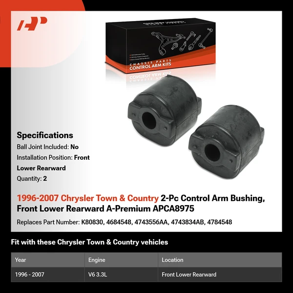 1996-2007 Chrysler Town & Country 2-Pc Control Arm Bushing, Front Lower Rearward A-Premium APCA8975