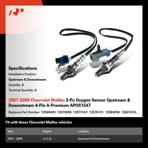 2007-2008 Chevrolet Malibu 2-Pc Oxygen Sensor Upstream & Downstream 4-Pin A-Premium APOS1547