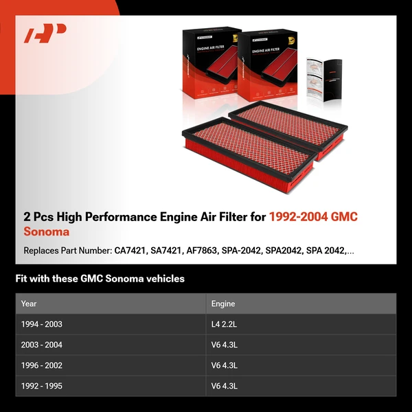 2 Pcs High Performance Engine Air Filter for 1992-2004 GMC Sonoma