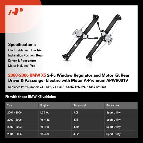 2000-2006 BMW X5 2-Pc Window Regulator and Motor Kit Rear Driver & Passenger Electric with Motor A-Premium APWR0019