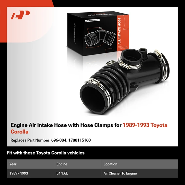 Engine Air Intake Hose with Hose Clamps for 1989-1993 Toyota Corolla