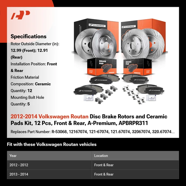 2012-2014 Volkswagen Routan Disc Brake Rotors and Ceramic Pads Kit, 12 Pcs, Front & Rear, A-Premium, APBRPR311