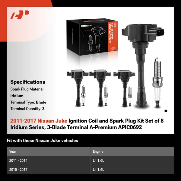 2011-2017 Nissan Juke Ignition Coil and Spark Plug Kit Set of 8 Iridium Series, 3-Blade Terminal A-Premium APIC0692
