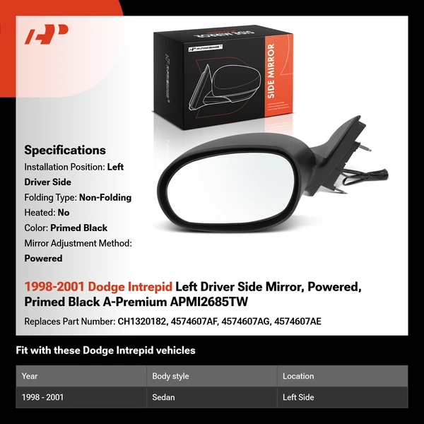 1998-2001 Dodge Intrepid Left Driver Side Mirror, Powered, Primed Black A-Premium APMI2685TW