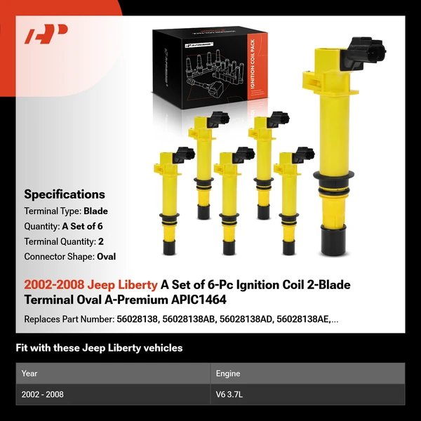 2002-2008 Jeep Liberty A Set of 6-Pc Ignition Coil 2-Blade Terminal Oval A-Premium APIC1464