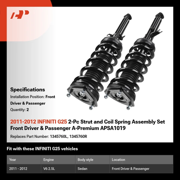 2011-2012 INFINITI G25 2-Pc Strut and Coil Spring Assembly Set Front Driver & Passenger A-Premium APSA1019