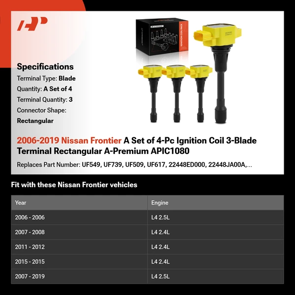 2006-2019 Nissan Frontier A Set of 4-Pc Ignition Coil 3-Blade Terminal Rectangular A-Premium APIC1080