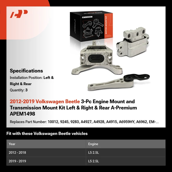 2012-2019 Volkswagen Beetle 3-Pc Engine Mount and Transmission Mount Kit Left & Right & Rear A-Premium APEM1498