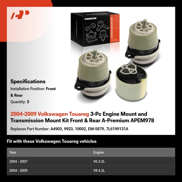 2004-2009 Volkswagen Touareg 3-Pc Engine Mount and Transmission Mount Kit Front & Rear A-Premium APEM978