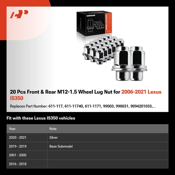 20 Pcs Front & Rear M12-1.5 Wheel Lug Nut for 2006-2021 Lexus IS350