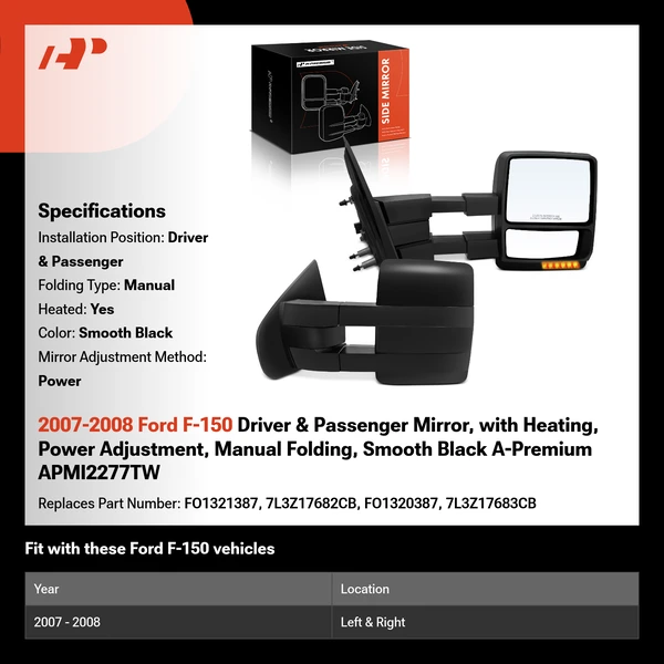 2007-2008 Ford F-150 Driver & Passenger Mirror, with Heating, Power Adjustment, Manual Folding, Smooth Black A-Premium APMI2277TW
