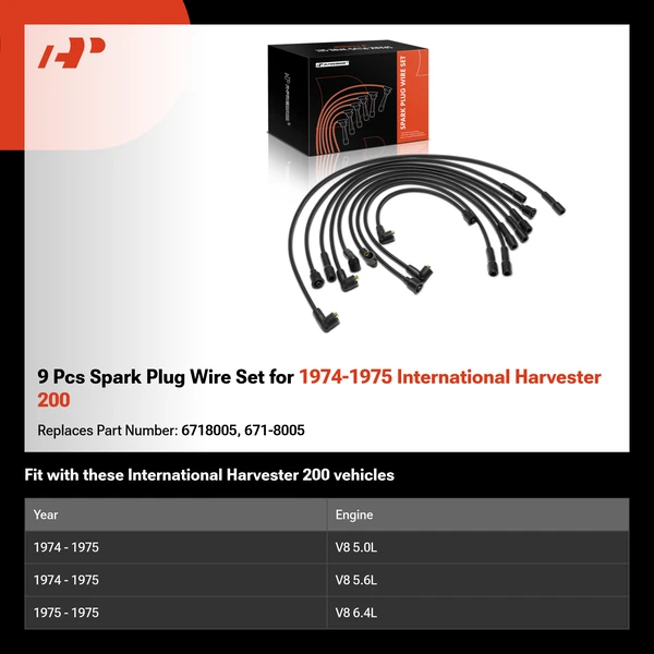 9 Pcs Spark Plug Wire Set for 1974-1975 International Harvester 200