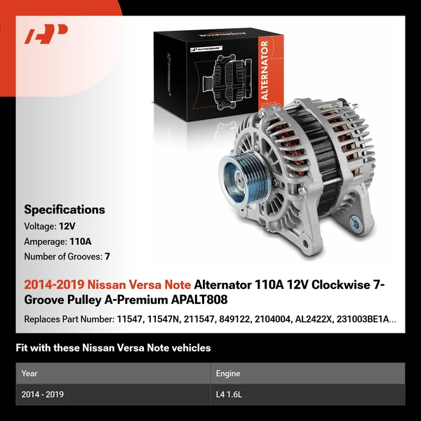 2014-2019 Nissan Versa Note Alternator 110A 12V Clockwise 7-Groove Pulley A-Premium APALT808
