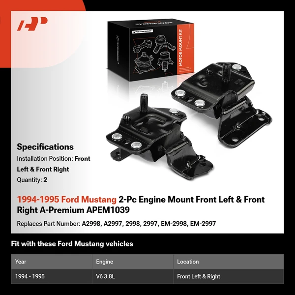 1994-1995 Ford Mustang 2-Pc Engine Mount Front Left & Front Right A-Premium APEM1039