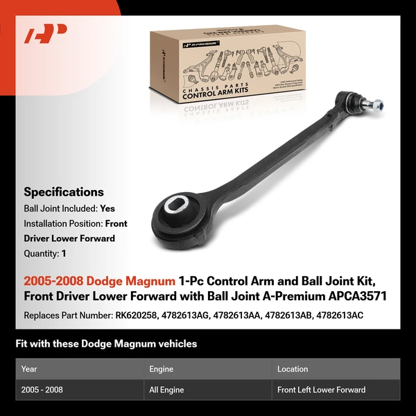 2005-2008 Dodge Magnum 1-Pc Control Arm and Ball Joint Kit, Front Driver Lower Forward with Ball Joint A-Premium APCA3571