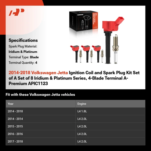 2014-2018 Volkswagen Jetta Ignition Coil and Spark Plug Kit Set of A Set of 8 Iridium & Platinum Series, 4-Blade Terminal A-Premium APIC1123