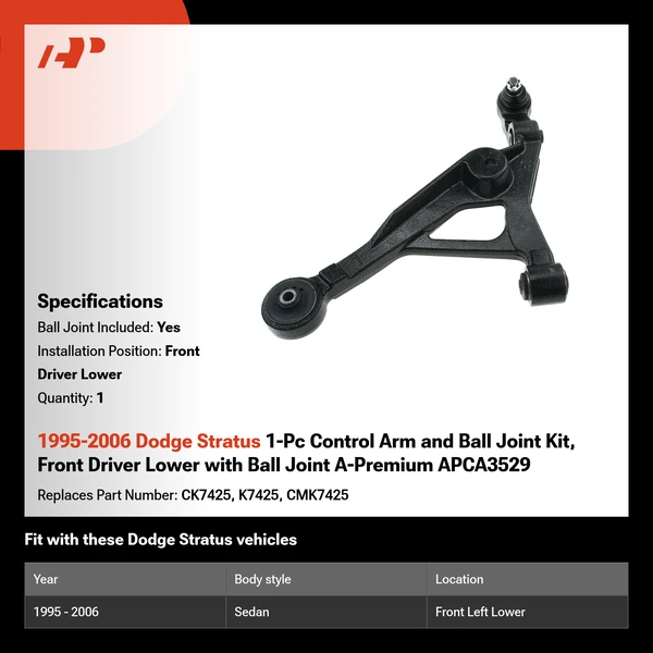 1995-2006 Dodge Stratus 1-Pc Control Arm and Ball Joint Kit, Front Driver Lower with Ball Joint A-Premium APCA3529
