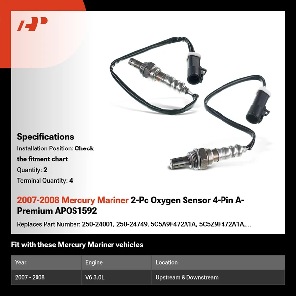 2007-2008 Mercury Mariner 2-Pc Oxygen Sensor 4-Pin A-Premium APOS1592