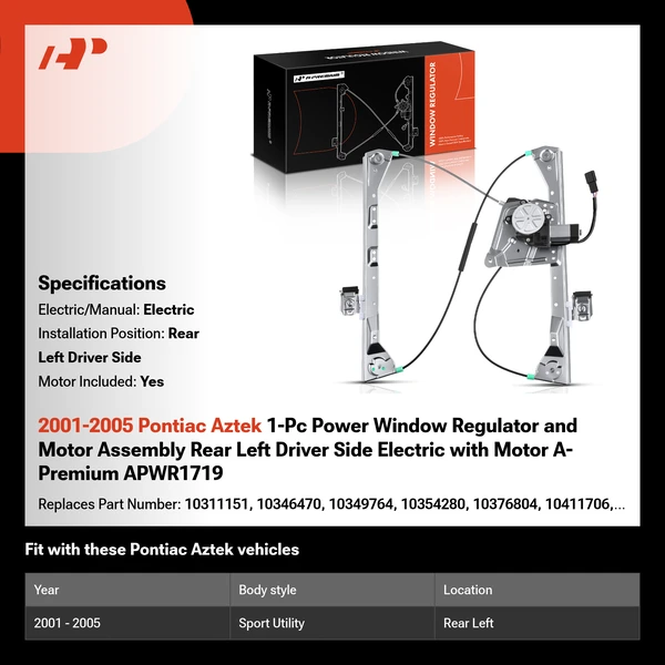 2001-2005 Pontiac Aztek 1-Pc Power Window Regulator and Motor Assembly Rear Left Driver Side Electric with Motor A-Premium APWR1719