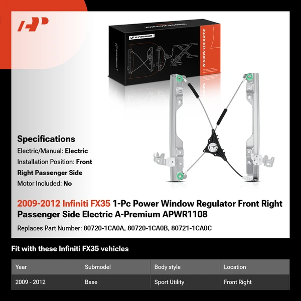 2009-2012 Infiniti FX35 1-Pc Power Window Regulator Front Right Passenger Side Electric A-Premium APWR1108