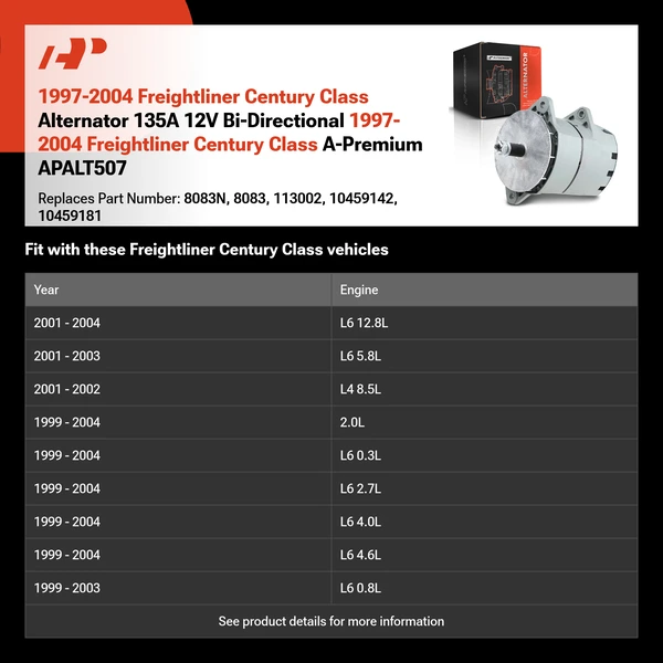 1997-2004 Freightliner Century Class Alternator 135A 12V Bi-Directional 1997-2004 Freightliner Century Class A-Premium APALT507