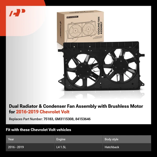 Dual Radiator & Condenser Fan Assembly with Brushless Motor for 2016-2019 Chevrolet Volt