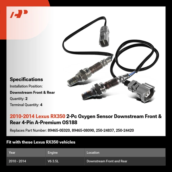 2010-2014 Lexus RX350 2-Pc Oxygen Sensor Downstream Front & Rear 4-Pin A-Premium OS188