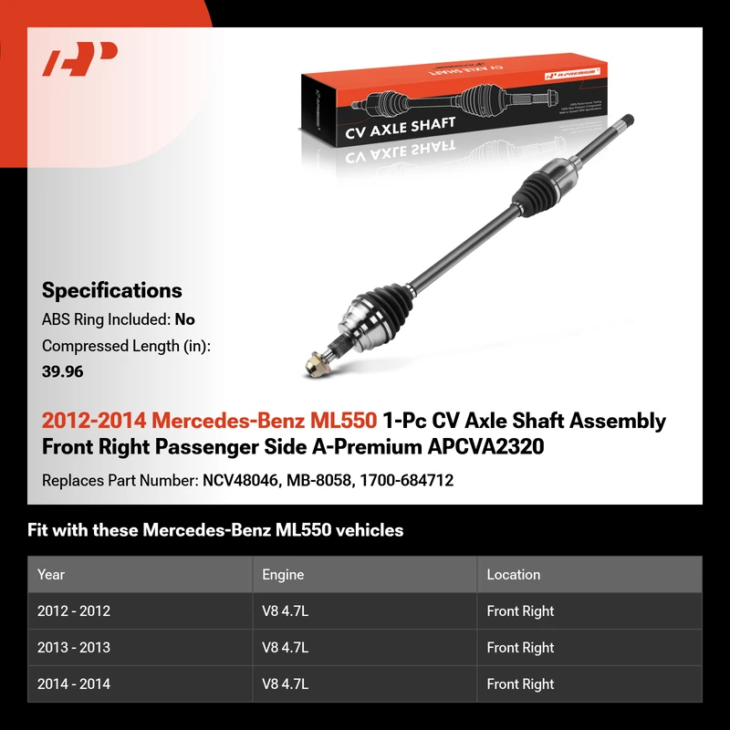 2012-2014 Mercedes-Benz ML550 1-Pc CV Axle Shaft Assembly Front Right Passenger Side A-Premium APCVA2320