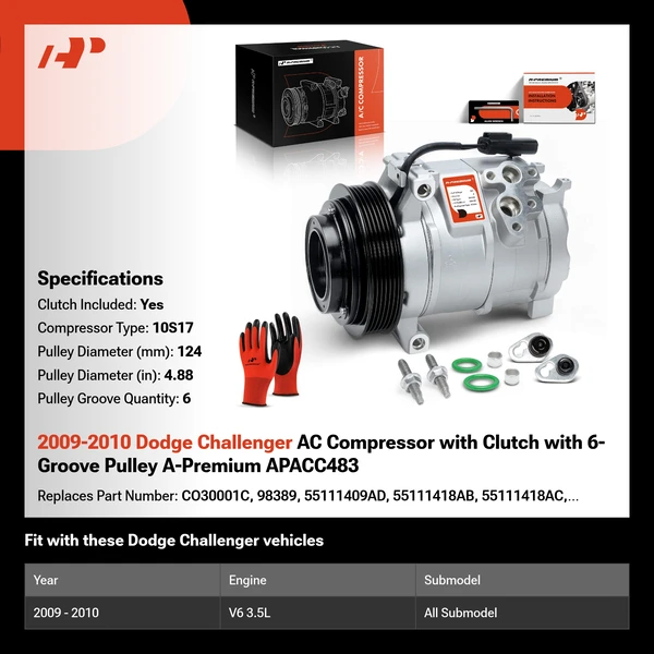 2009-2010 Dodge Challenger AC Compressor with Clutch with 6-Groove Pulley A-Premium APACC483