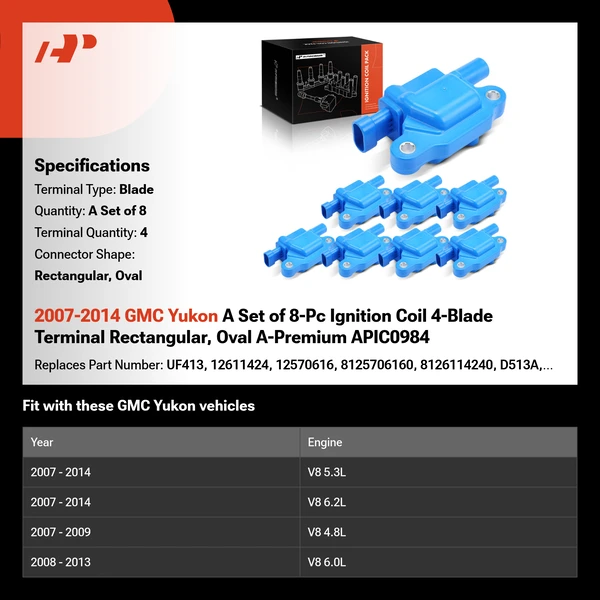 2007-2014 GMC Yukon A Set of 8-Pc Ignition Coil 4-Blade Terminal Rectangular, Oval A-Premium APIC0984