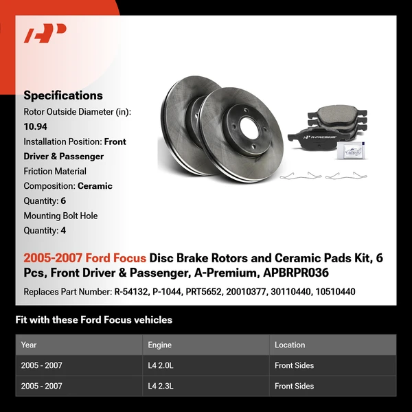 2005-2007 Ford Focus Disc Brake Rotors and Ceramic Pads Kit, 6 Pcs, Front Driver & Passenger, A-Premium, APBRPR036