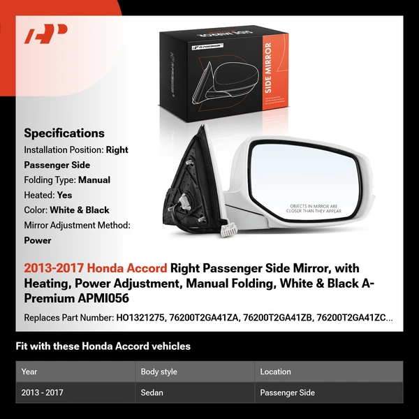 2013-2017 Honda Accord Right Passenger Side Mirror, with Heating, Power Adjustment, Manual Folding, White & Black A-Premium APMI056