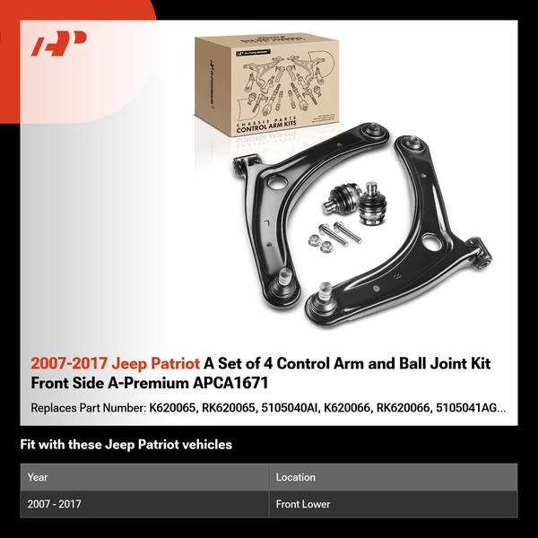 2007-2017 Jeep Patriot A Set of 4 Control Arm and Ball Joint Kit Front Side A-Premium APCA1671