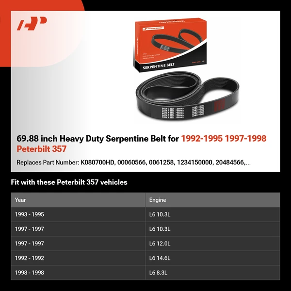 69.88 inch Heavy Duty Serpentine Belt for 1992-1995 1997-1998 Peterbilt 357